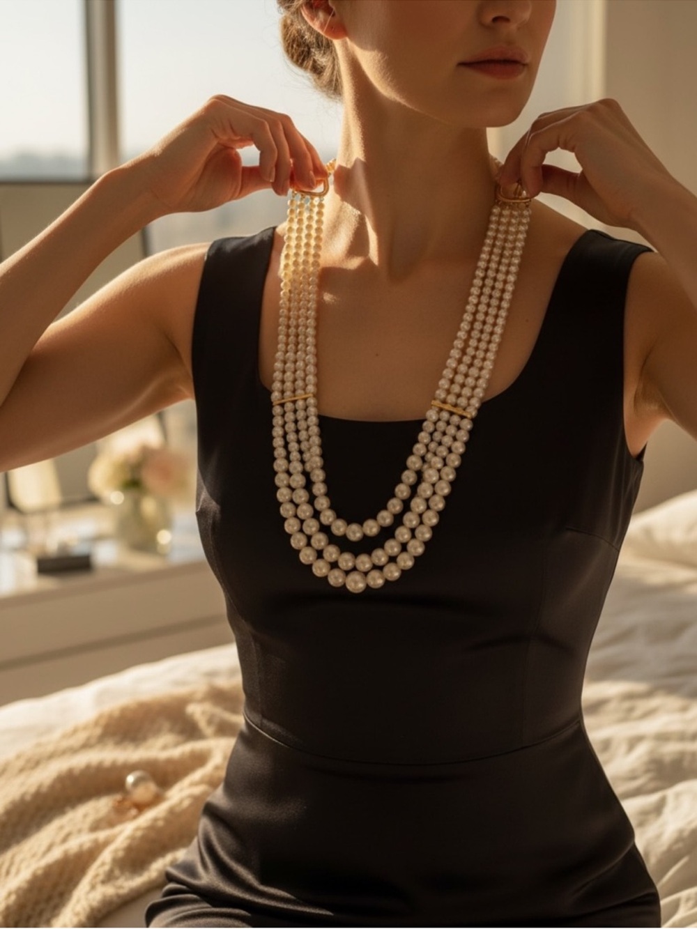 Classic Triple-Strand Pearl Necklace with Gold Accents - White
